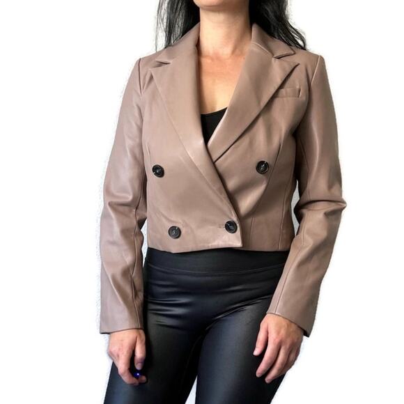MAEVE Tan & Black Cropped Faux Leather Blazer Jacket Size 6 Medium - Picture 2 of 7